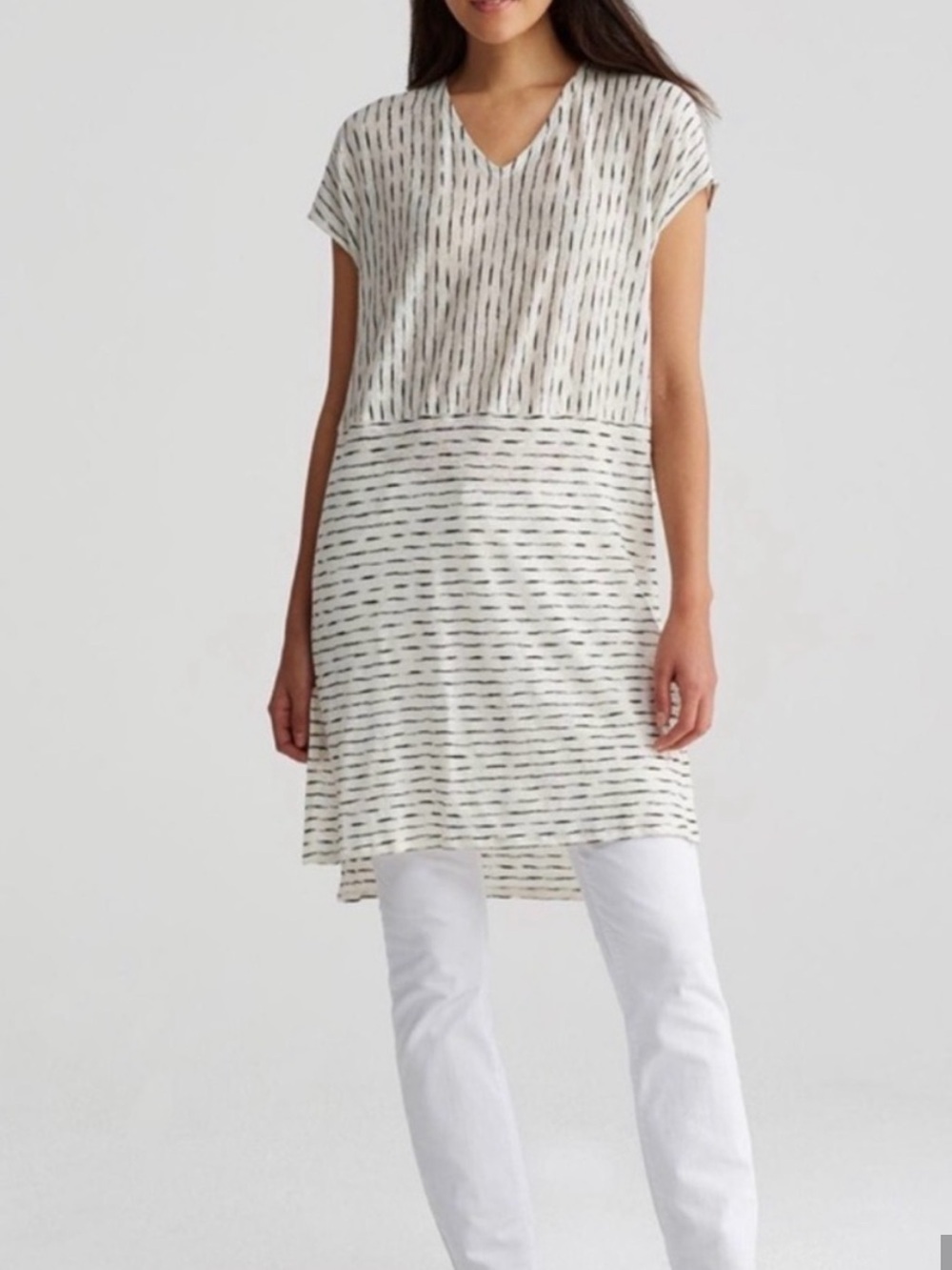 Eileen Fisher Organic Linen Cream Tunic Black Painterly Stripes Lagenlook XL